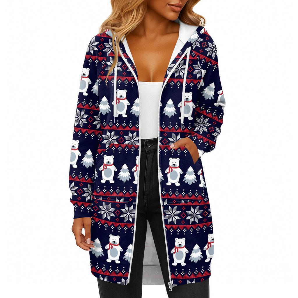 Women's Fashionable Christmas Printed Long Sleeved Drawstring Hooded Zipper Pocket Long Casual Sweatshirt Jacket