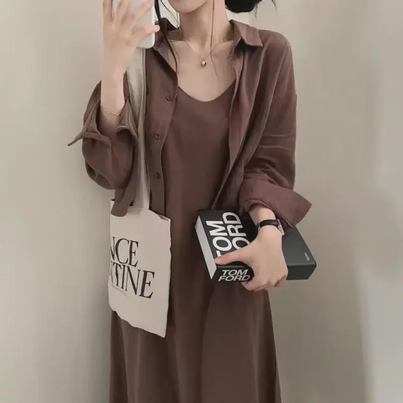 Chic Korean Spring/Autumn Retro Style Suspender Dress + Shirt Jacket Set for Women