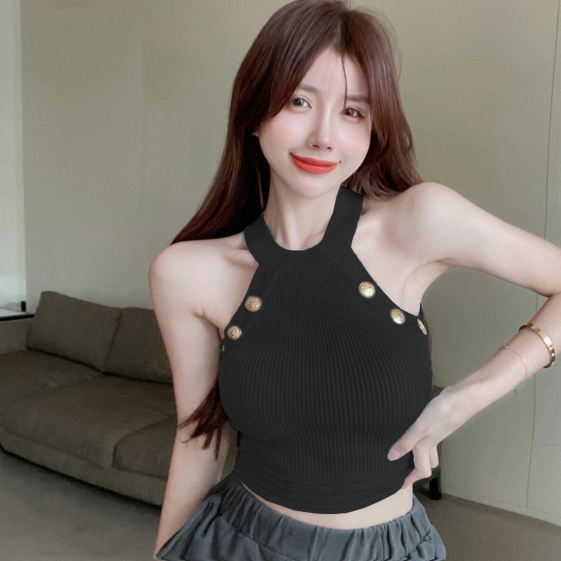 Gebreide nekband vest dames zomer blauw dun slank pasvorm sexy buitenlaag bottoming shirt top trendy