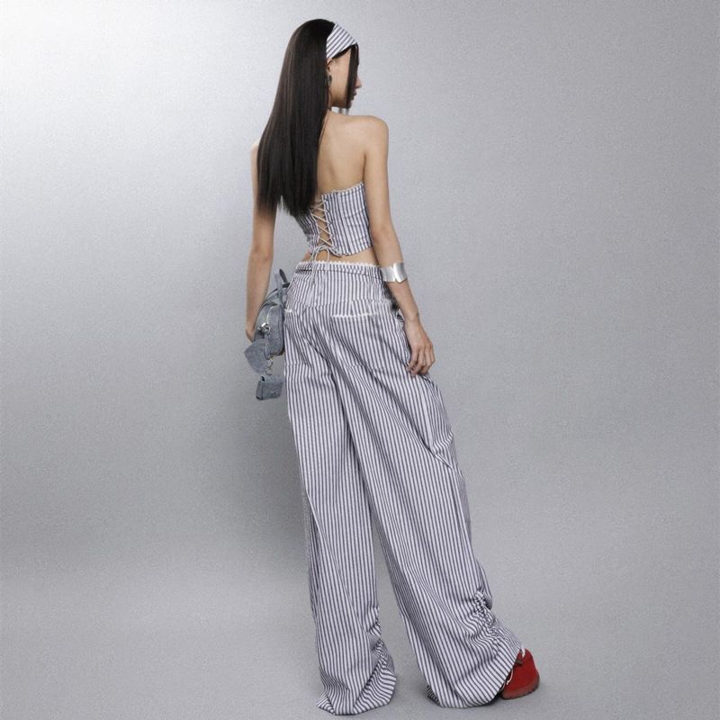 Suit Ins Summer New Arrival Asymmetrical Heart Wrapped Chest Vest Women Loose Casual Trousers Striped Suit Women