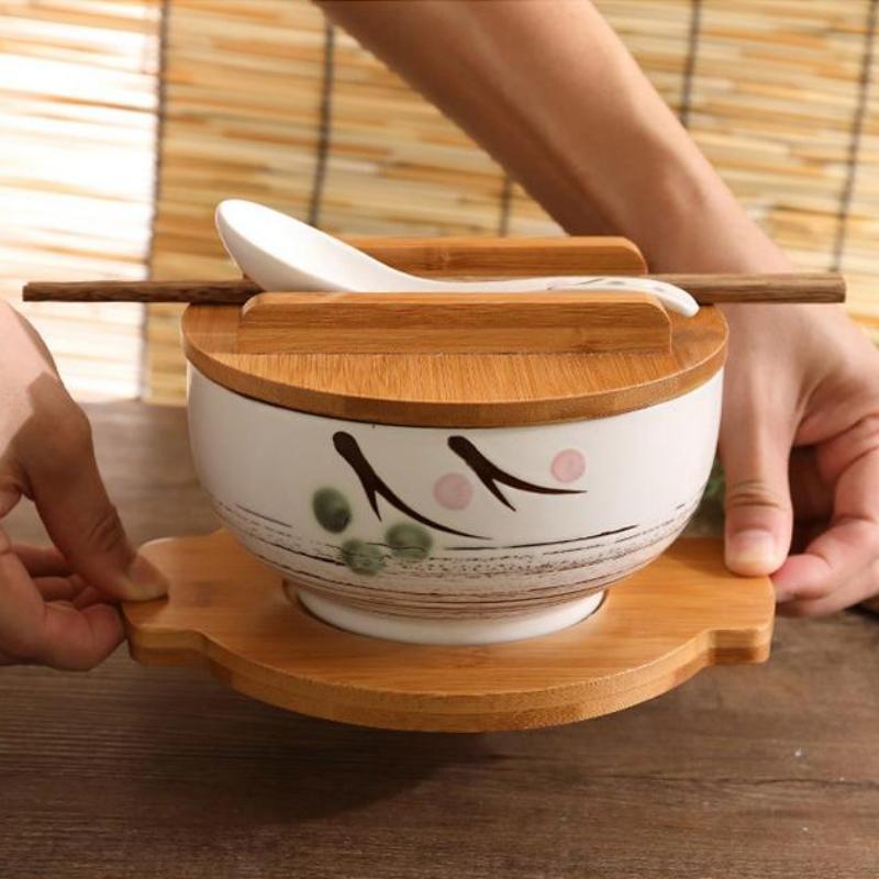 Bol à Nouilles de Riz Style Japonais Avec Couvercle Cuillère Et Baguettes Vaisselle de Cuisine Bol à Salade Soupe en Céramique Récipient Alimentaire Vaisselle