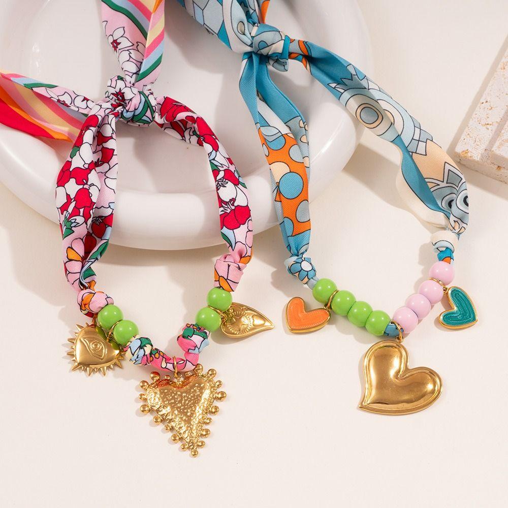Ethnic Style Flower Scarf Chain Necklace Printing Colorful Headscarf Sweet Pendant Necklace  Gift