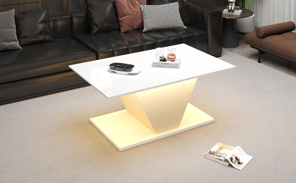 100*50*46cm Coffee Table Special Shape with LED Lights, High-Gloss Living Room Table, Sofa Table, Side Table, for Small Rooms, White, V-Shape