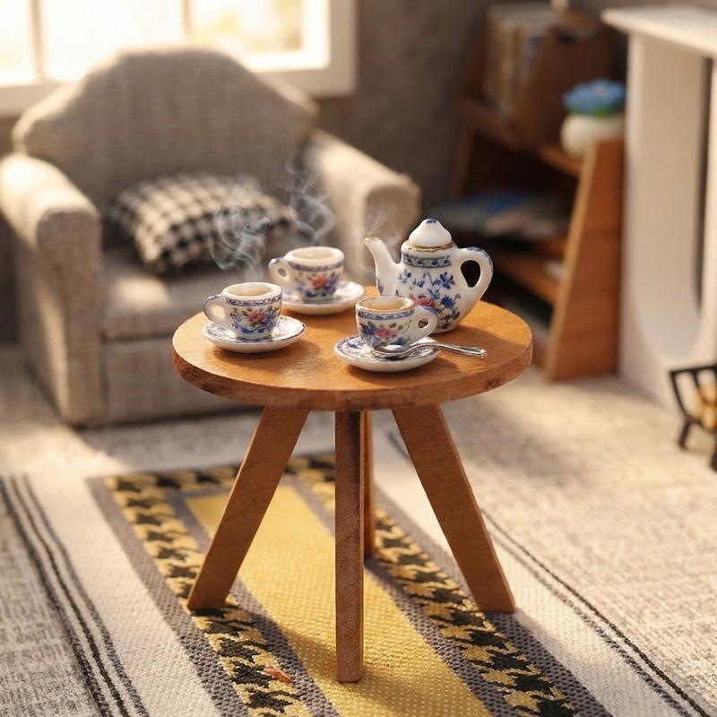 1/12 Puppenhaus Simulation Mini Runder Tee Kaffee Tisch Modell Puppenhaus Holzmöbel Dekoration Puppenhaus Rollenspiel Spielzeug
