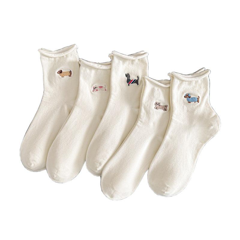 Spring and Summer White Socks with Cartoonish Cute Sausage Dog Embroidery, Rolled Cuffs Mid-calf Socks, Boneless Pile Socks, Postpartum Care Socks