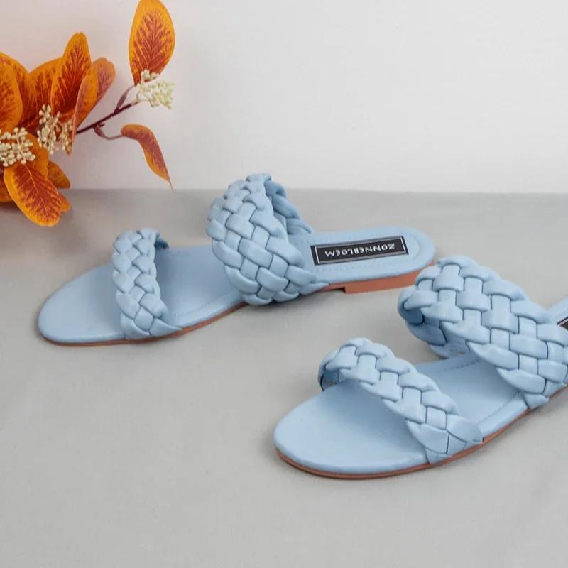 Fashion 2025 New Designer Women Outside Slippers Summer Woman Flat Slides High Quality PU Leather Fashion Double Weave Beach Sandals