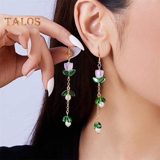 1 Pair Women Hook Earrings Faux Pearl Tulip Shape Long Tassel Alloy Electroplated Ear Jewelry Lady Prom Cocktail Party Dangle Earrings Hanging