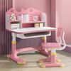 Kids Functional Desk Chair Set, Height Adjustable Children Study Desk with Castle Backboard, Widened Desktop, Bookstand and Storage Drawer (Pink)