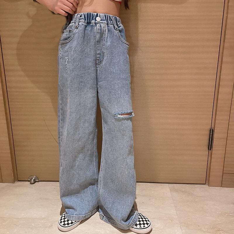 Teenage Girls' Jeans Spring Fall Casual Wide Leg Pants Loose Ripped Hole Kids Retro Pants School Children Trousers