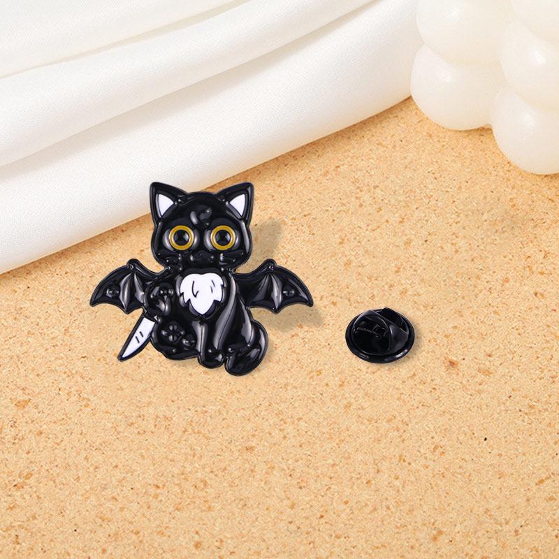 Cartoon Kitten Metal Brooch - Cute Black Cat with Gun