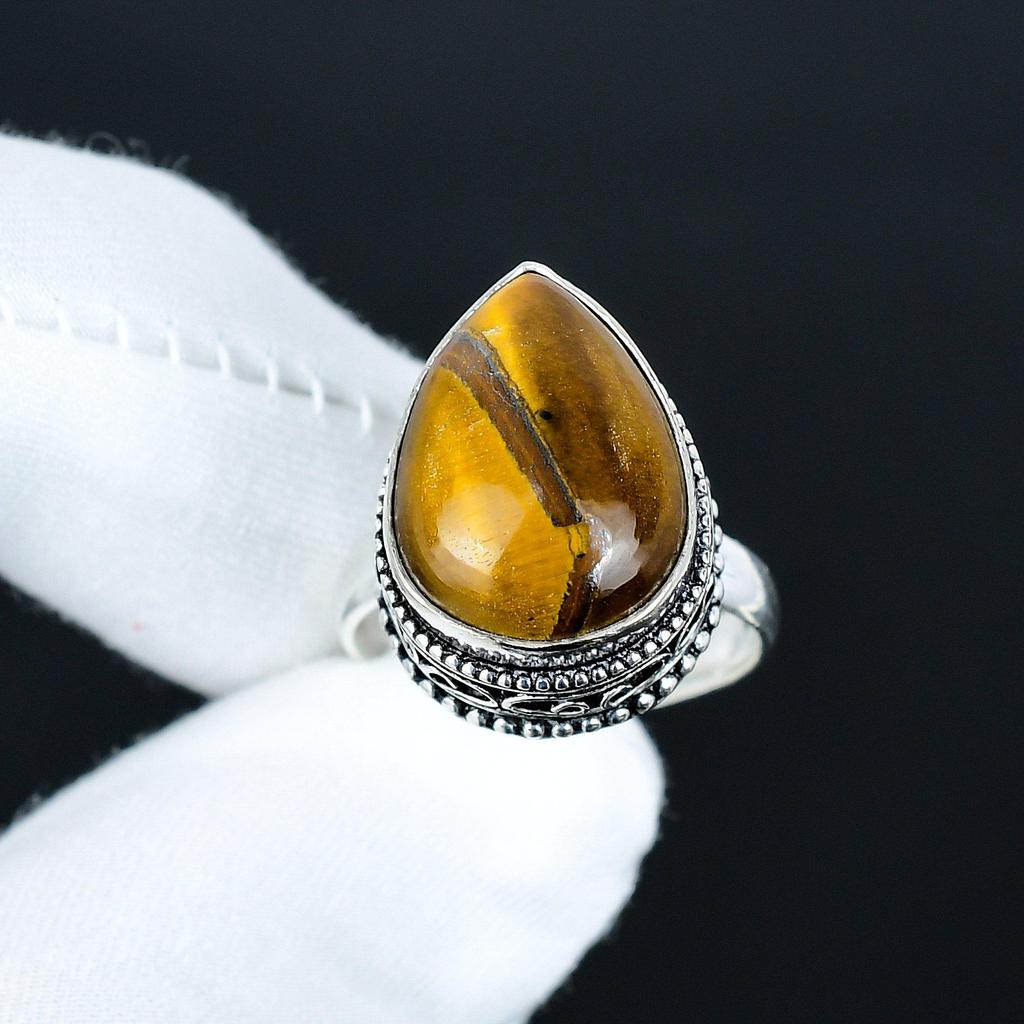 Inel cu Piatră Prețioasă Ochi de Tigru Natural, Bijuterii din Argint Sterling 925, Inel Lucrat Manual, Inel Statement din Argint cu Ochi de Tigru, Cadouri de Ziua de Naștere Pentru Femei