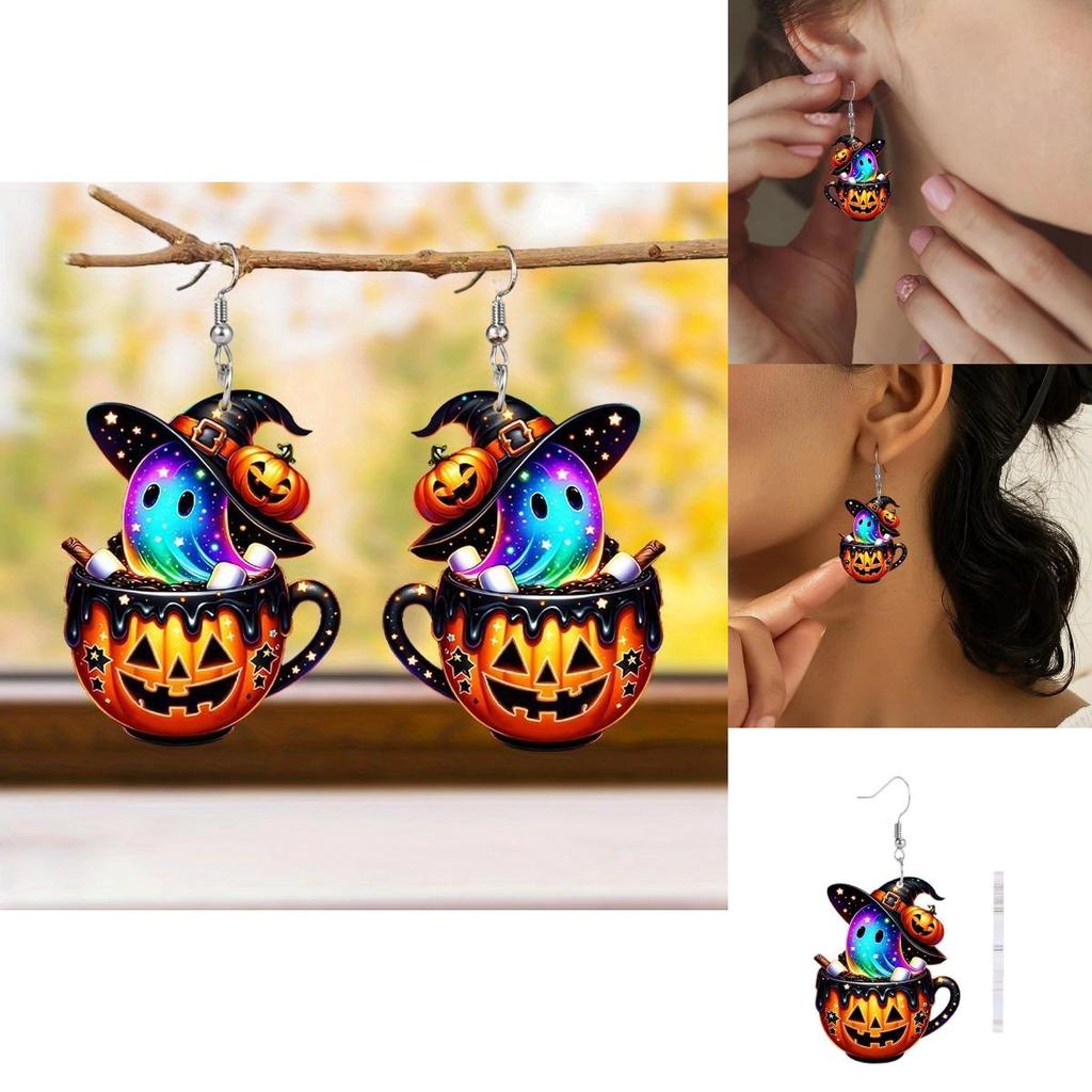 Halloween Themed Colorful Cartoon Ghost Pumpkin Pattern Women Earrings Acrylic