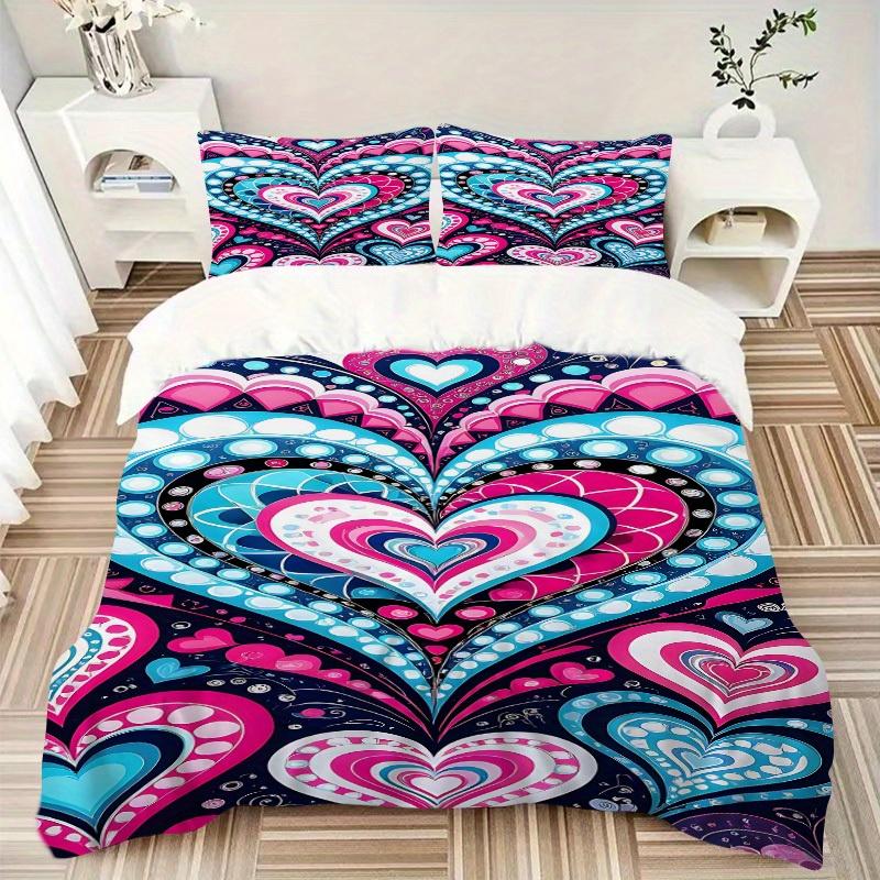 3Pcs Heart-patterned fabric Printed Bedding Set, Breathable And Soft, Machine Washable, Christmas Gift, Suitable for Bedroom Decoration, 15166