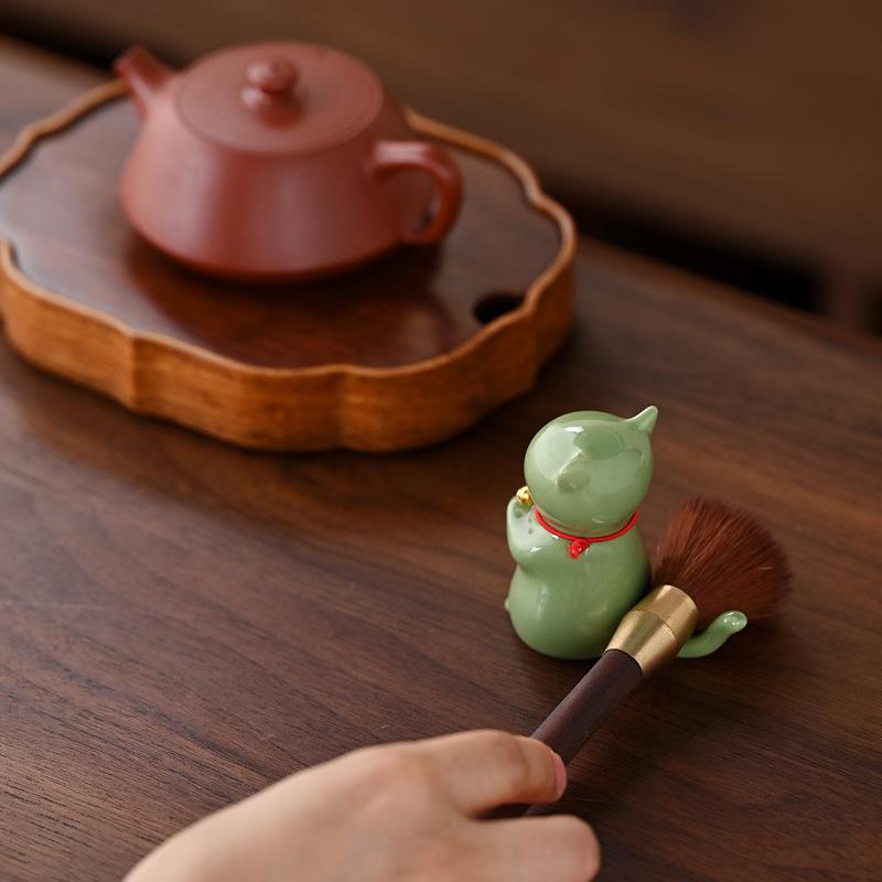 Ceramic Kitten Incense Holder & Pen Rest - Cute Cat Teapot Lid & Table Decor