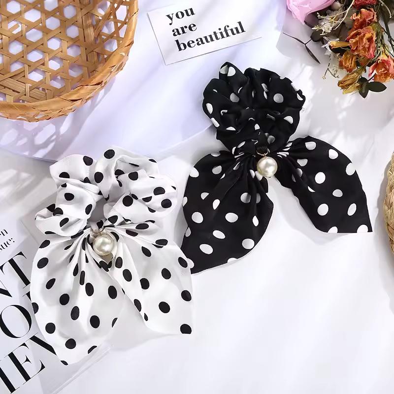 Chiffon Bowknot Silk Hair Scrunchies Women Pearl Ponytail Holder Hair Ties Hair Rope Rubber Bands Headwear Hair Accessories