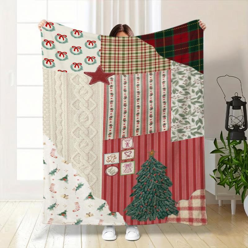 Red Plaid Ornament Sleigh Print Throw Blanket Home Lounge Reading Nook Guest Den Warm Blanket Bedroom Christmas Gifts