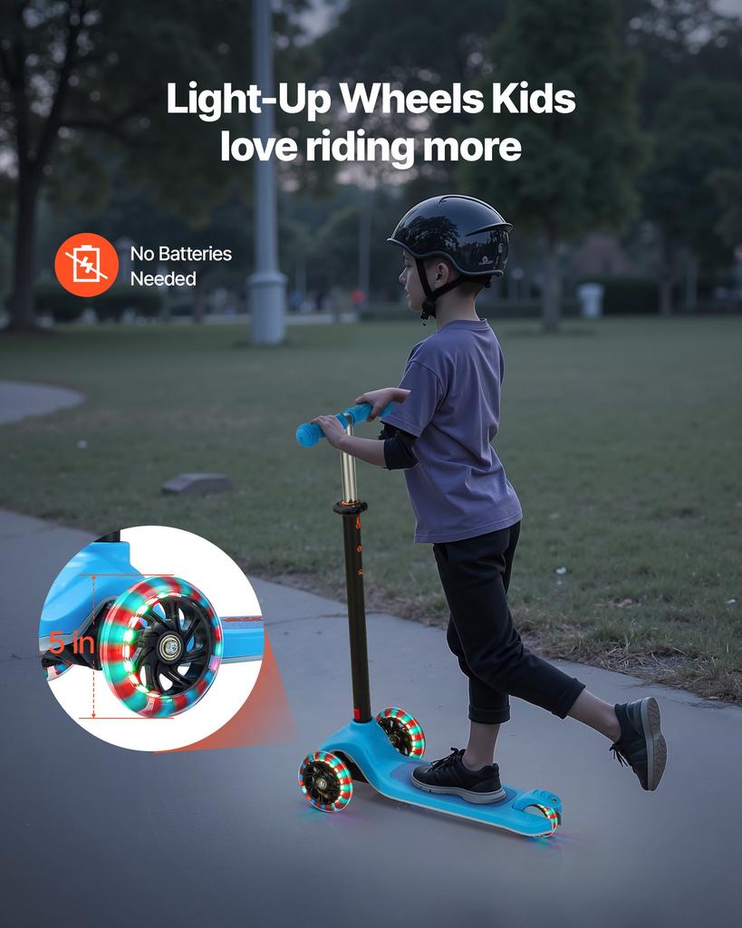 VEVOR Kick Scooter for Kids Ages 3+, 3-Wheel Toddler Scooter with Light-Up Wheels, Adjustable Height Handlebar, Wide Anti-Slip Deck