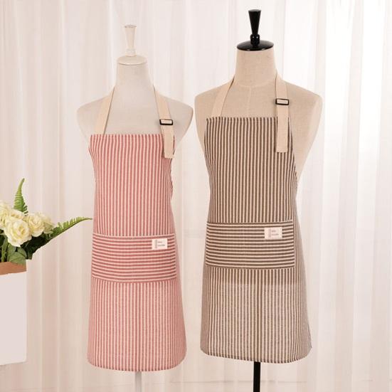 Cotton Linen Striped Kitchen Apron with Pocket Breathable Waterproof Oil-proof Adjustable Men Women Chef