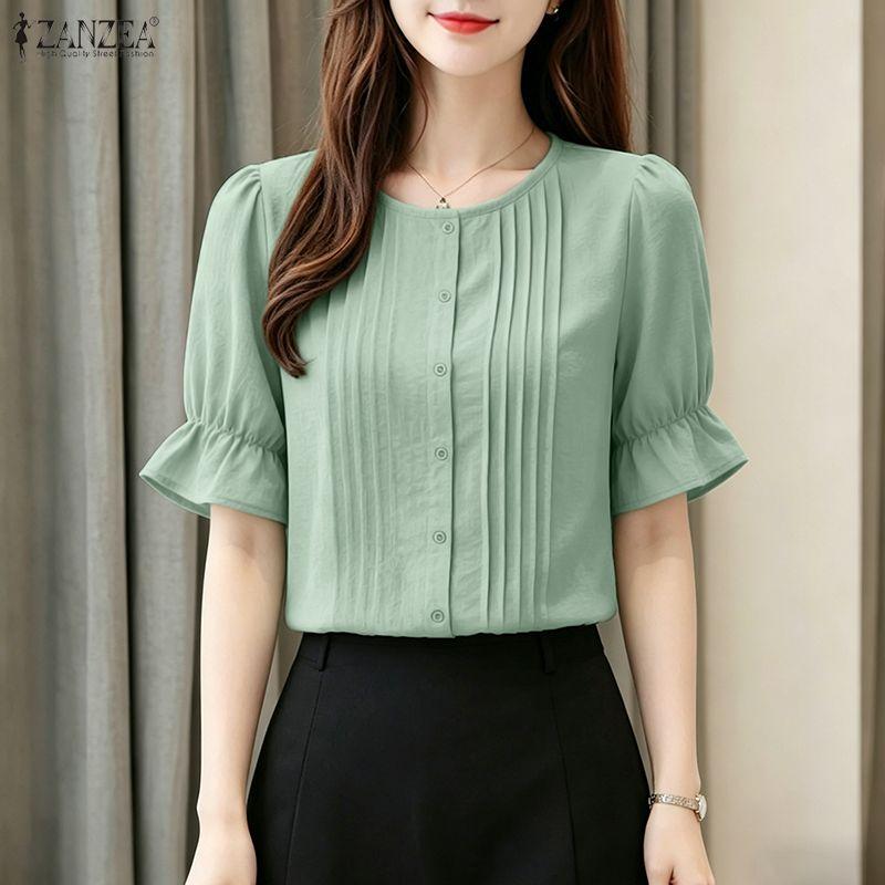 ZANZEA Women Casual Round Neck Solid Color Short Sleeve Blouse