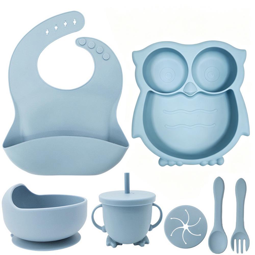 Silikon-Eulen-6-teiliges Baby-Essgeschirr-Set: Saugplatte & Schüssel