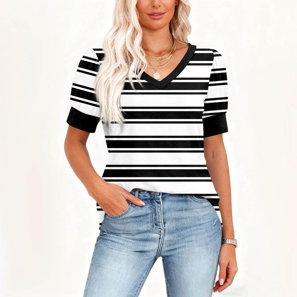 Women's Fashion Casual V, Neck Short Sleeve Print  Shirt Women's Up Tops