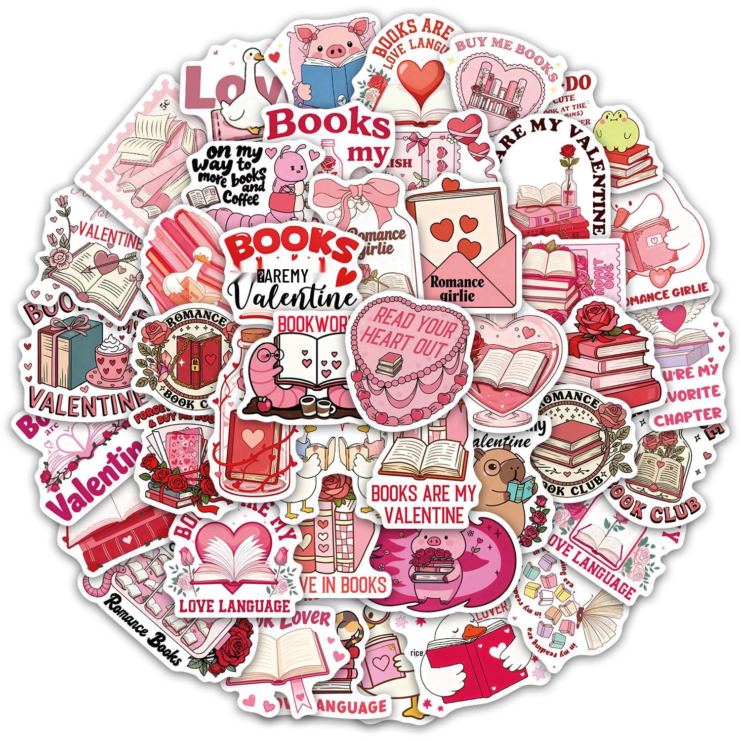

Valentine s Day Bookish Sticker Set: 50 Decorative Stickers for Water Bottles, Phone Cases, & Notebooks No