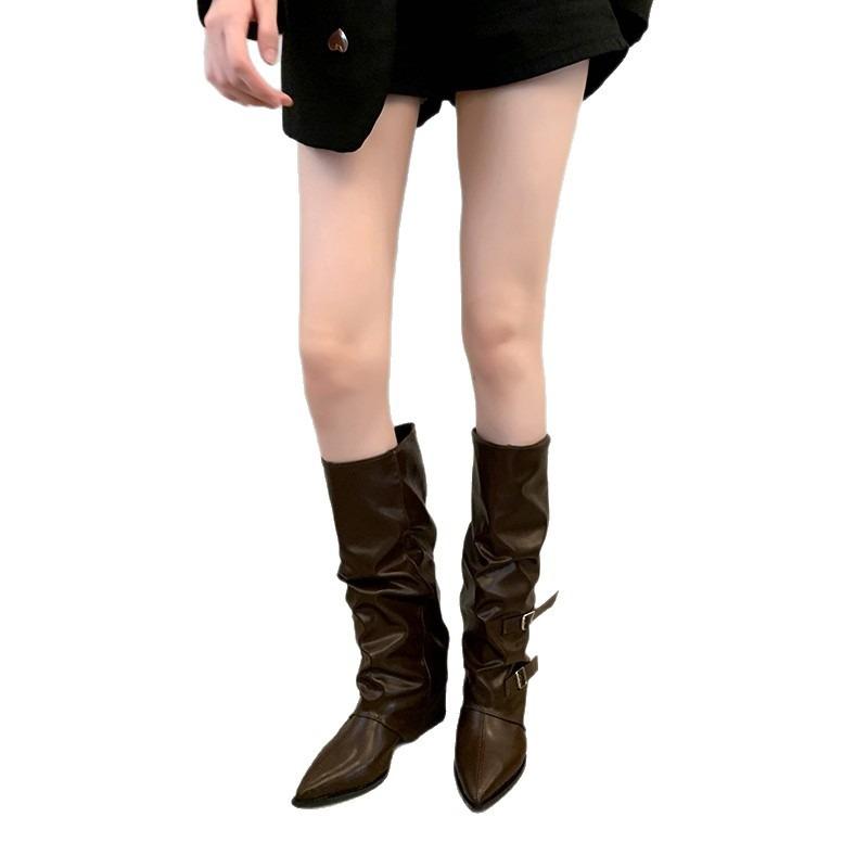 Belt Buckle~ Pants Boots Thick Heel Boots Long Boots Female Spice Girl High Boots Pointed Black Pants Boots Fried Street