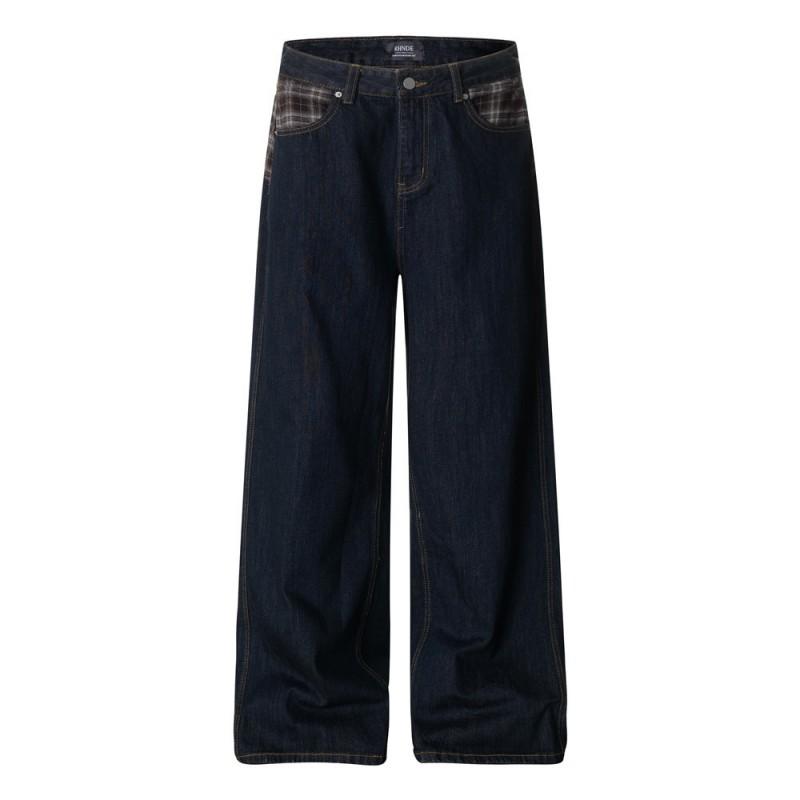 Mens High Street Jeans Loose Straight Leg Patchwork Plaid Waist Unique Design Casual Long Pants