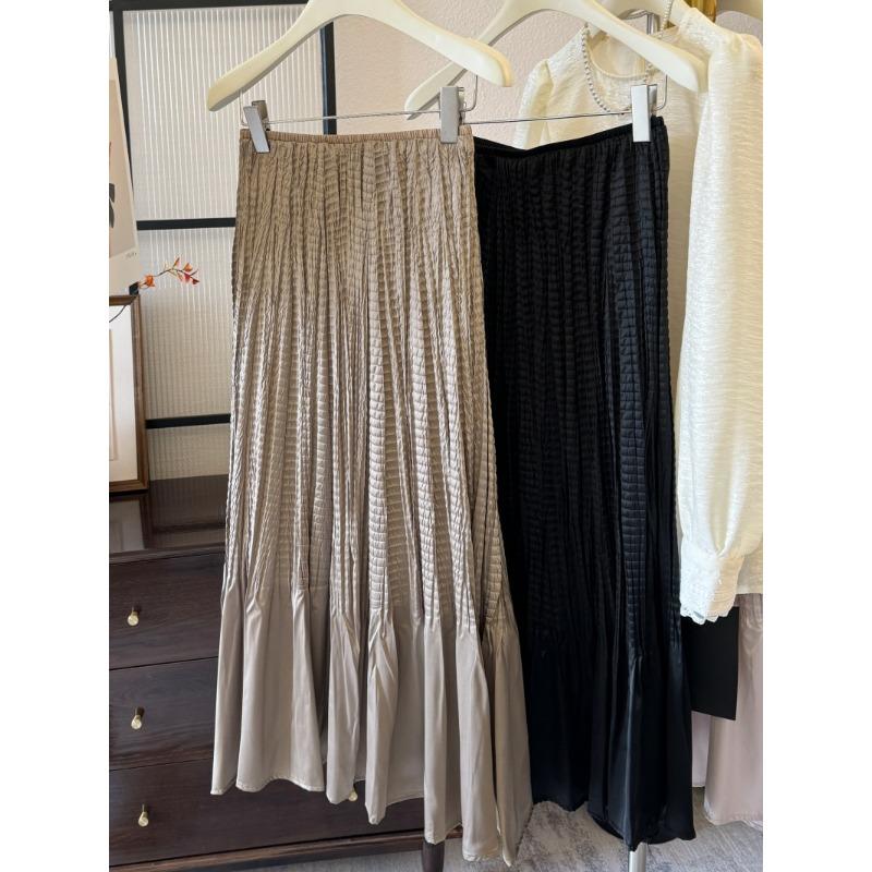 French glossy satin pleated fishtail skirt elegant temperament high waist pleated A-shaped skirt high-end long skirt