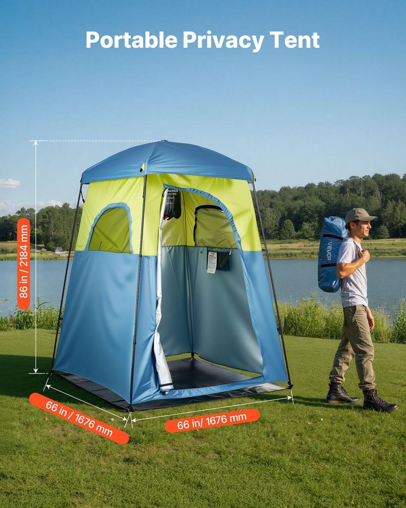Camping Shower Tent, 1 Room, Portable Privacy Tent Changing Room with Shower Bag, Ground Stakes, Ropes, Carry Bag, and Support Poles, 150D Oxford