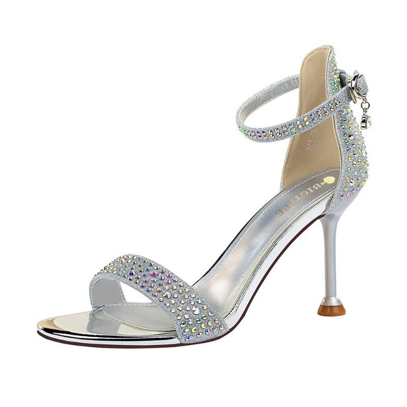 Fashion Rhinestone High Heels Women Pumps Sexy Kitten Heels Party Shoes Open Toe Women Sandals Heel Stiletto Wedding Sandalias De Mujer