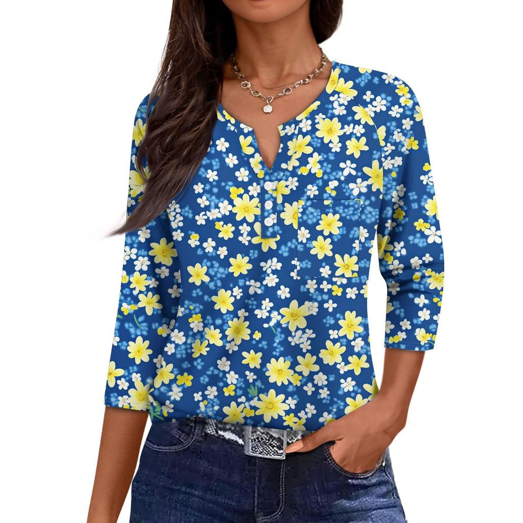 Ladies Casual Fashion V-neck Loose Versatile Floral Print Three-quarter Sleeves