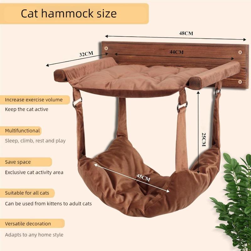 

Wall Mounted Cat Hammock Double Layer Wooden Cat Hanging Cats Bed Indoor Cats Soft Cushion Sleeping Climbing Resting Swing Beds коричневый