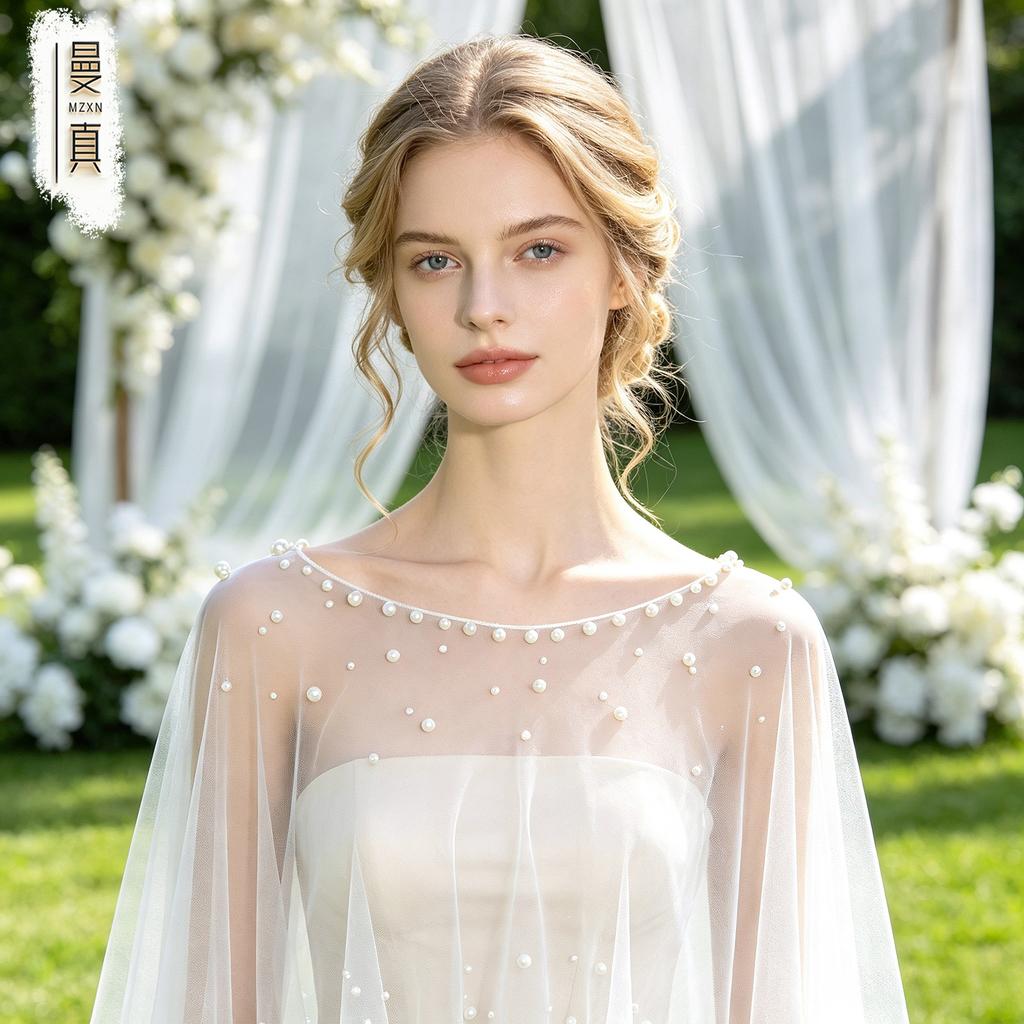 Pearl Beaded Tulle Cape for Bride, Sheer Wedding Shrug Cover Up, Bridal Shoulder Cape for Wedding Dress