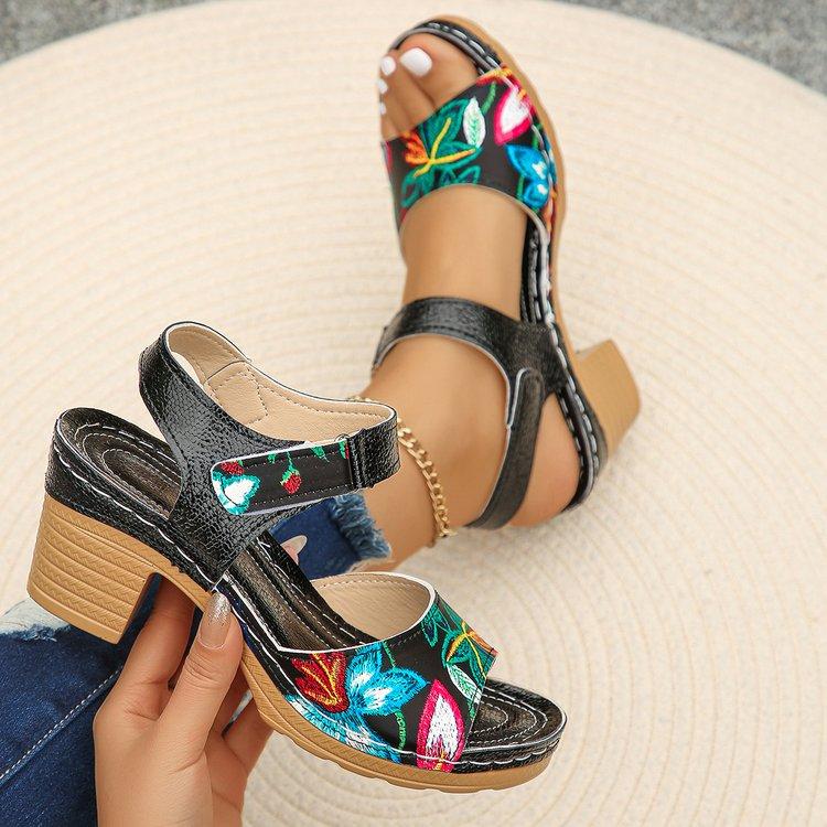 Fashion Women's Peep Toe Hihg Heel Sandals Summer Gladiator Shoes Chunky Heel Platform Women's Sandals Flower Ladies Heeled Shoes Q425