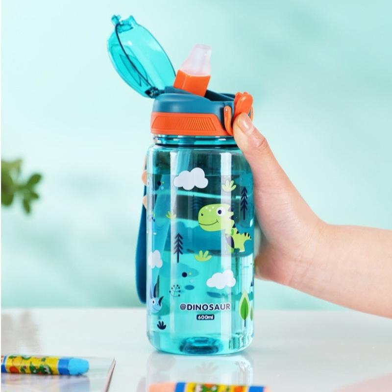600ml Water Bottle Cartoon Animal Portable Safety Lock Straw Cup Kids Leak-proof Summer Drinking Jug for Outdoor Camping Travel