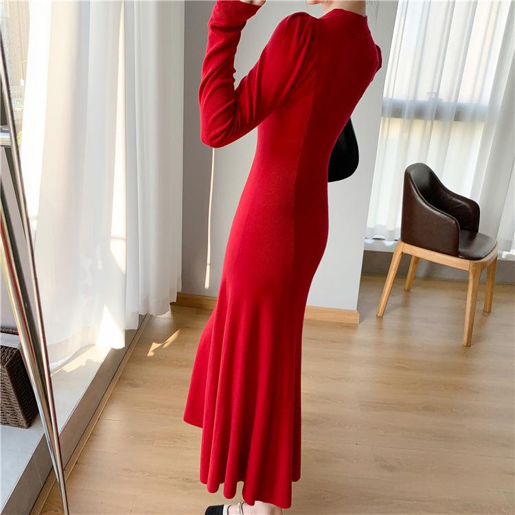 Autumn/Winter Long Wool Over-Knee Knit Dress with Semi-High Neck for Women