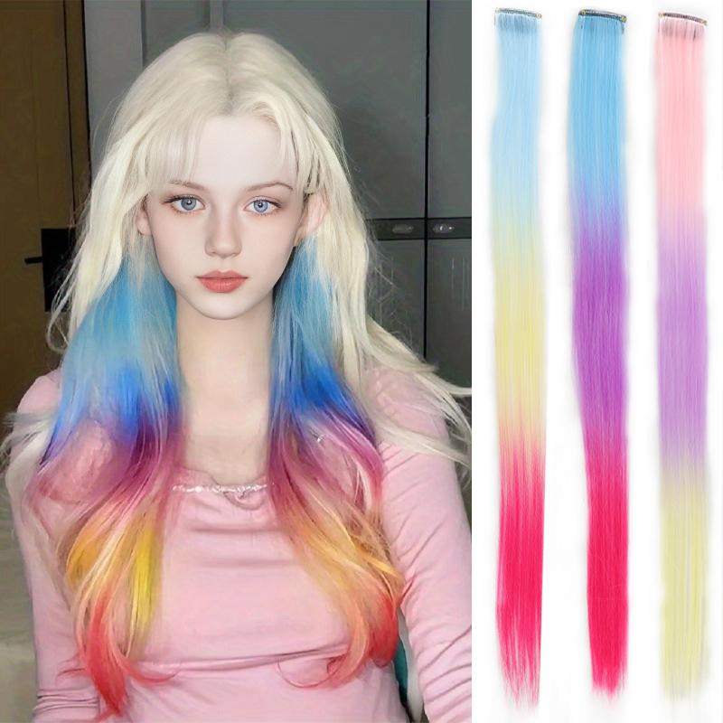 One Card Gradient Hanging Ear Dye Three Color Hair Extension Wig BB Clip Colored Wig Women's Synthetic Wig Halloween Music Festival Party Use