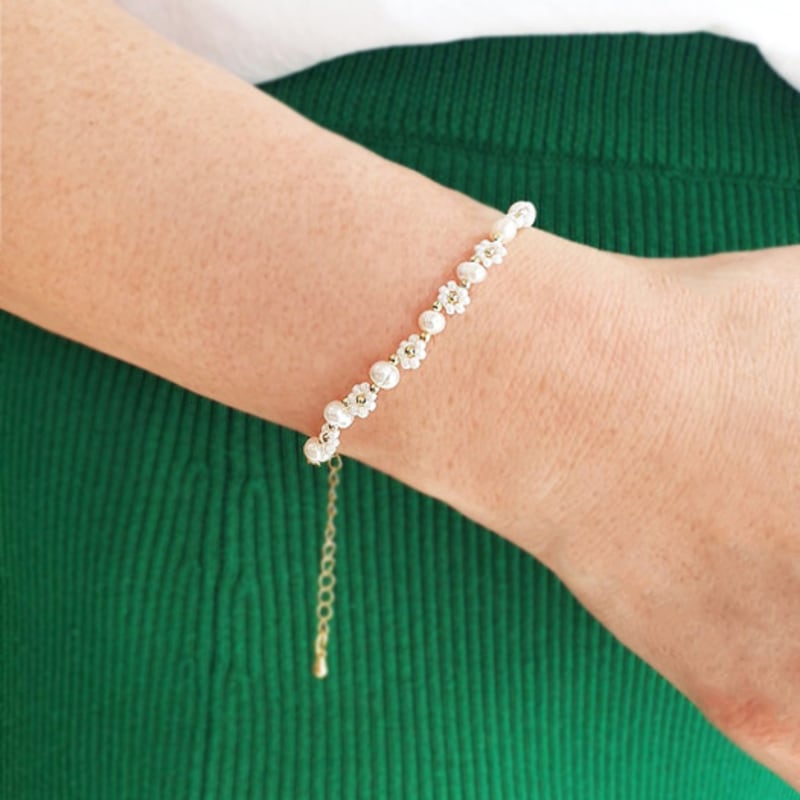 RACOHA Flower Pearl & Heart P Beads Bracelet (freshwater Pearl & Heart Bead Bracelet)