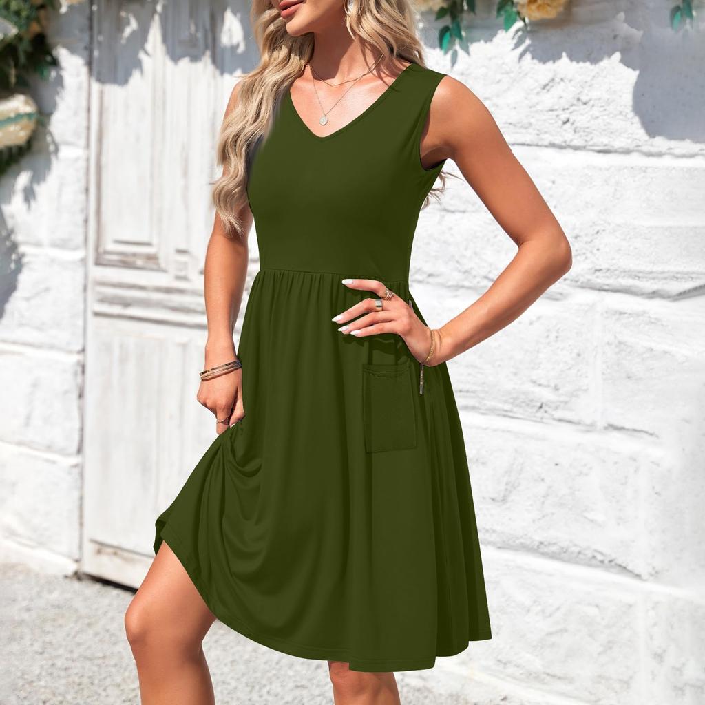 Women's Casual Fashion Sexy V-neck Button Decoration Sleeveless Solid Color Waist Dress