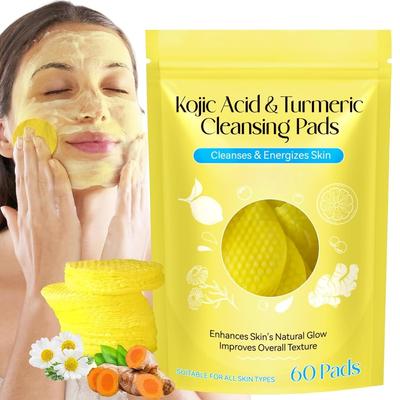 Premium Kojic Acid and Turmeric Cleansing Pads (60 Count), Chemical Free Ultra-Soft & Gentle Makeup Remover Pads, Mild and Non-irritating, Helps Ba
