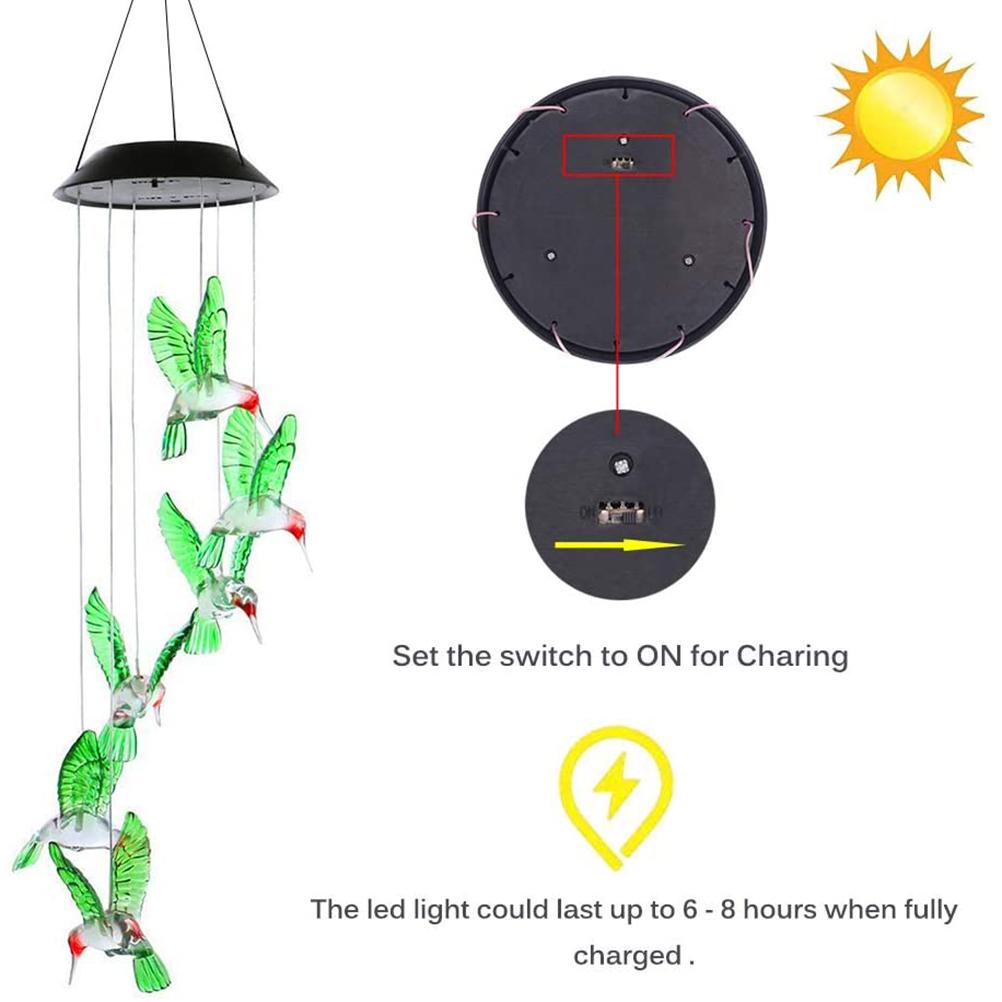 Solar Wind Chimes Lights Waterproof Colorful Slow Flash Hanging Garden Decor Hummingbird