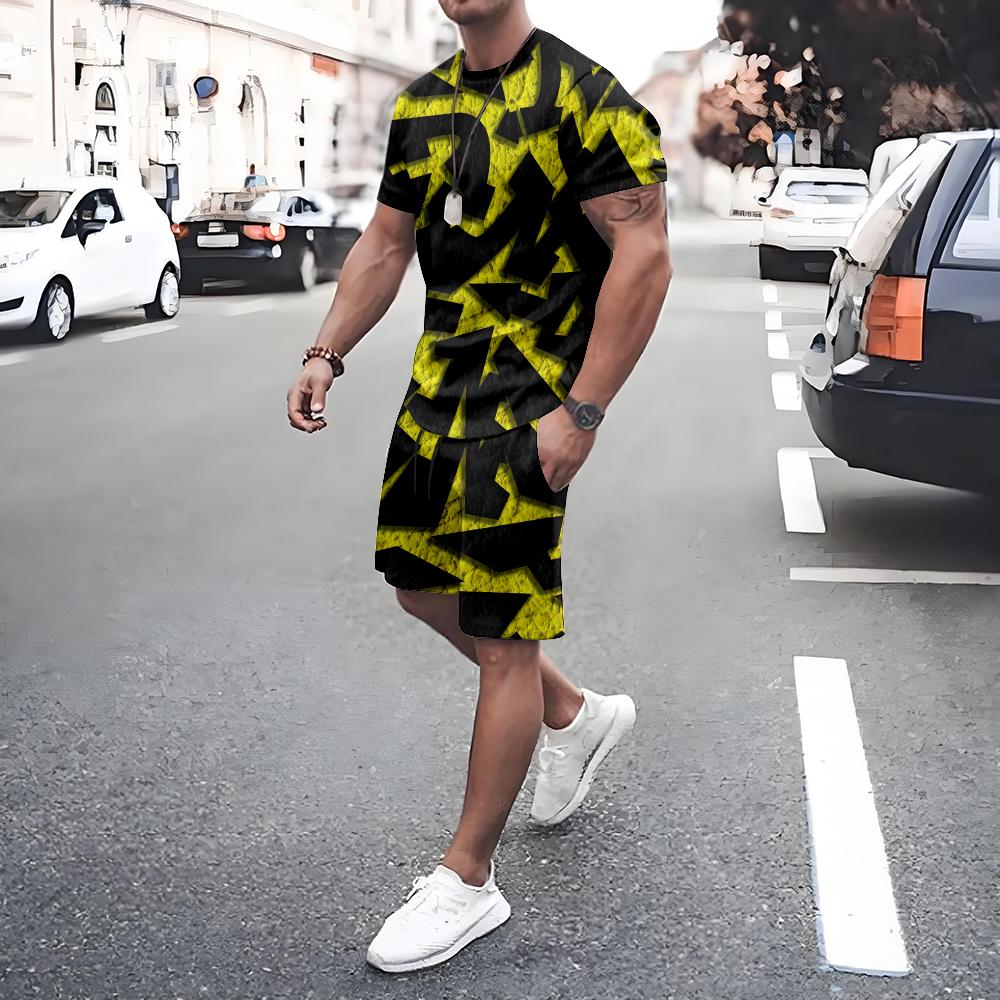 Irregular Geometric Print Short Sleeve And Shorts Set Fashion Men's T-shirt Shorts 2-piece Set Quick-dry Breathable Mesh T Shirt