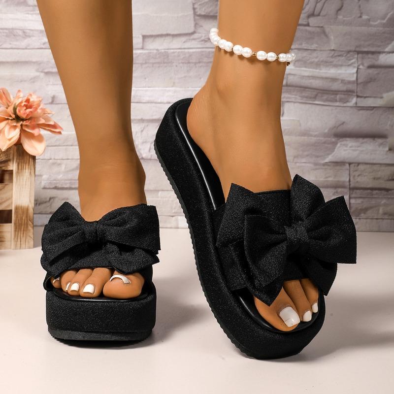 Large size spring and summer new women's shoes platform one word with bow leopard print outside wearing cool slippers women