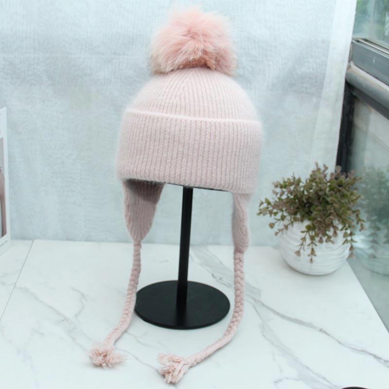 High-quality long rabbit fur ear protectors are exported to Russia in winter, thickened and enlarged, warm fox hairball knitted hat for women