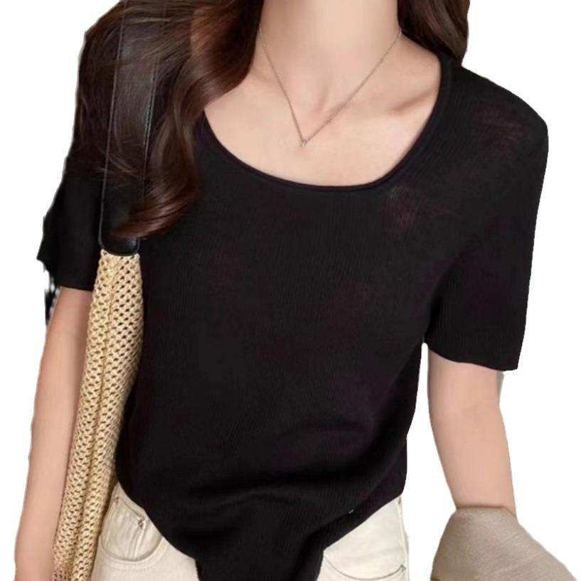 Knit Sweater Women's Short-sleeved T-shirt U-neck Top Design Sense Niche Thin Pink Small Shirt Summer Casual Essential Slim Fit Pullovers Tees