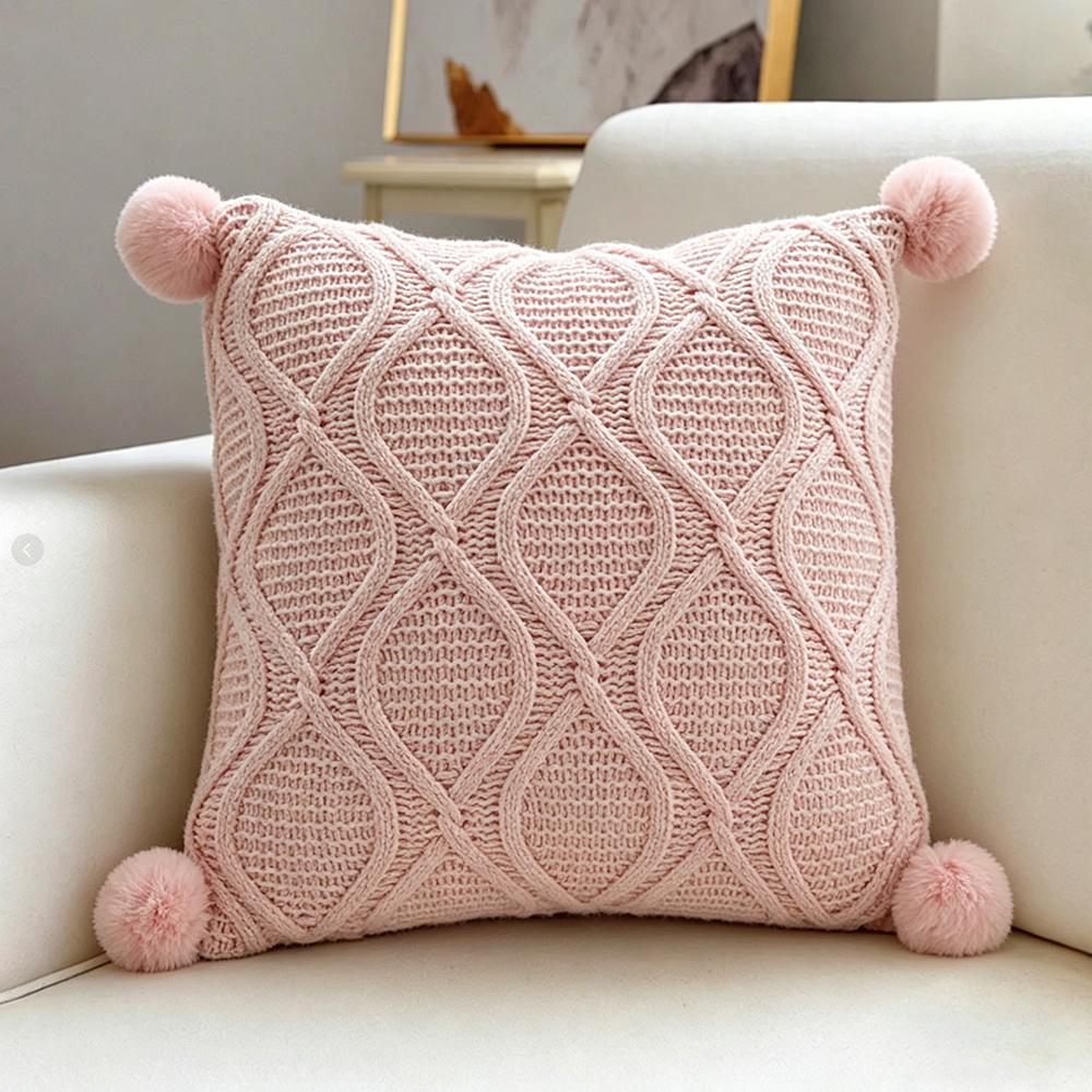 Housse de coussin tricotée rose 45x45cm Housse de coussin style nordique pour canapé fauteuil chambre à coucher Housse de coussin décorative mignonne pour la maison 45x45cm beige