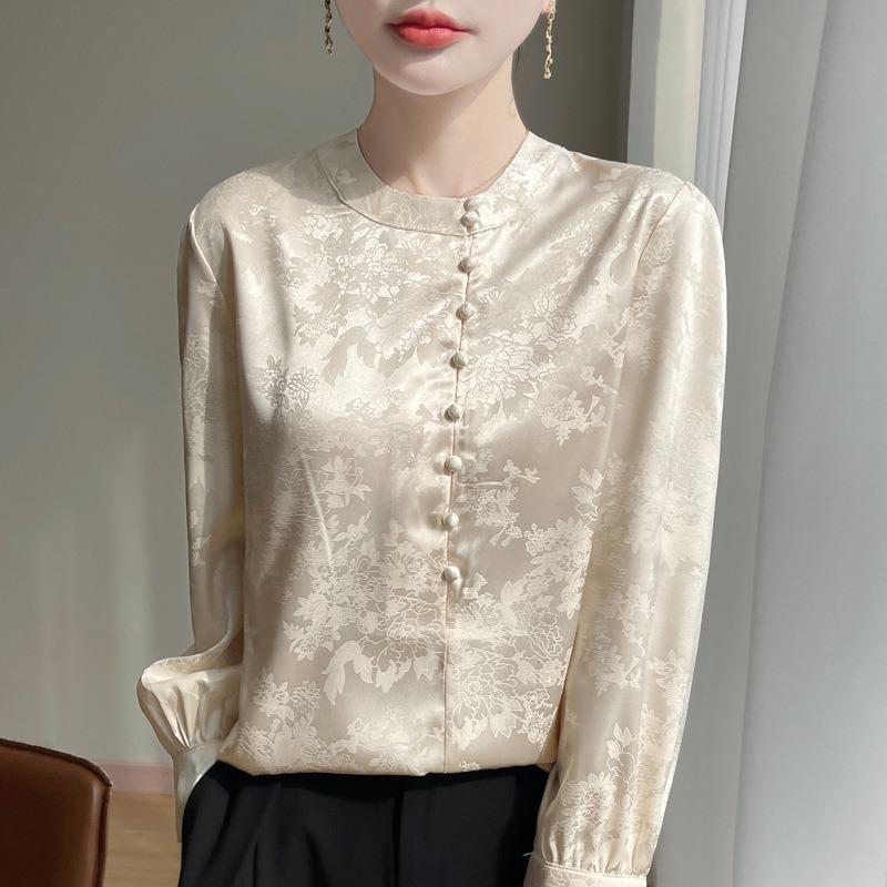 Women's Spring and Summer New New Chinese Stand-up Collar Shirt Loose Versatile Long-sleeved Pullover Solid Colour Simple Casual Shirt