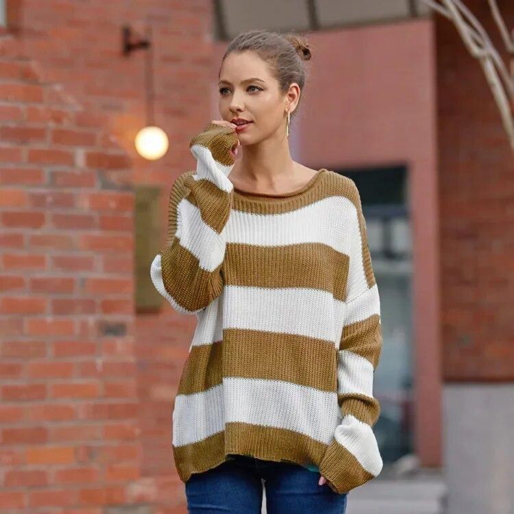 Autumn/Winter Long Sleeve Sweater Fashion Soft Warm Office Womens Tops Casual Round Neck Stripe Contrast Knitted Pullover 29823