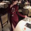 Wine Red Off-Shoulder Slit Maxi Dress for Women, Pleated, Cinched Waist, Slim Fit, Yù Jiě Style, Inner Wear, Hip-Hugging, Autumn/Winter.